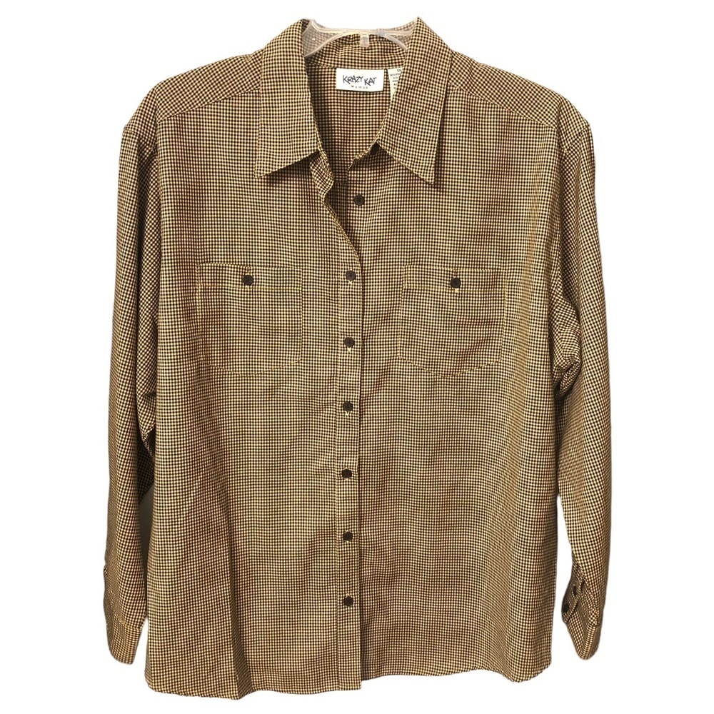Krazy Kat Women's Long Sleeve Button Up Black & Tan Plaid Shirt Size 1X